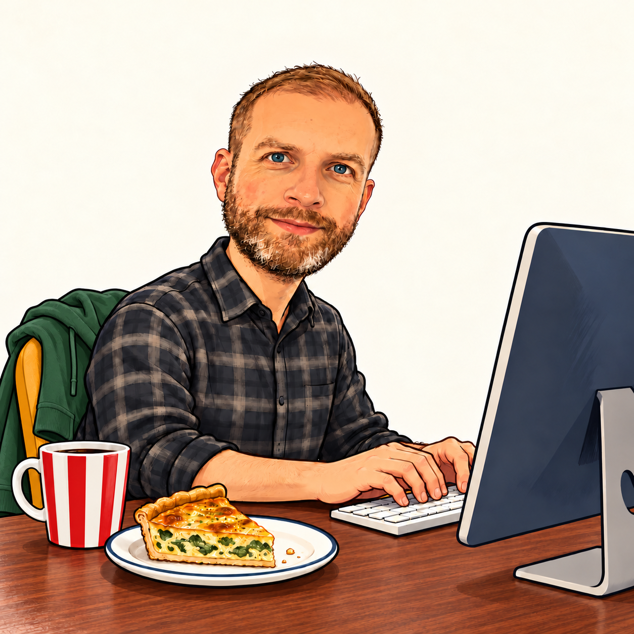 Matthew working at a computer, with a red and white striped mug and a slice of quiche on a mahogany desk.
